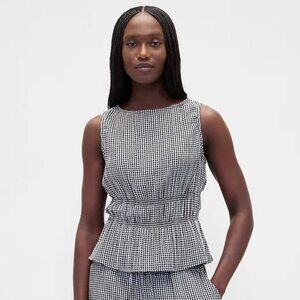 Gap Cotton Gauze Smocked-Waist Peplum Top Size Medium Black gingham New NWOT